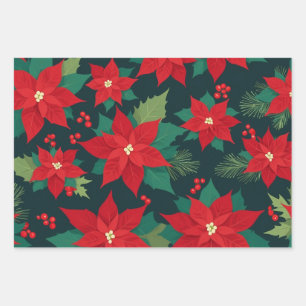 Christmas Red Poinsettia Flowers, Berries  Wrapping Paper Sheets