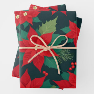 Christmas Red Poinsettia Flowers, Fir Branches Wrapping Paper Sheets