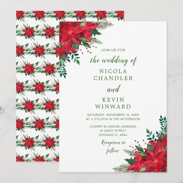 Christmas Red Poinsettia Flowers Wedding Invitation (Front/Back)