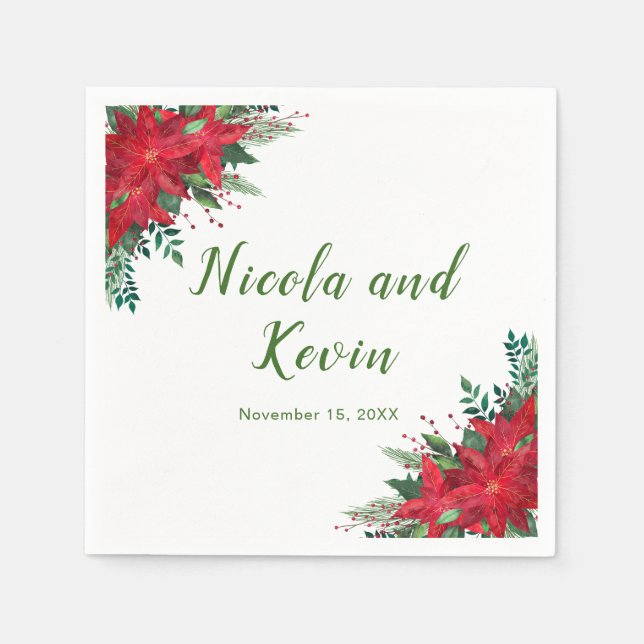 Christmas Red Poinsettia Flowers Wedding Napkins (Front)
