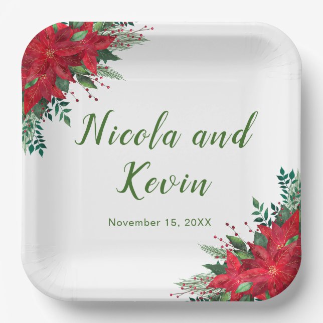 Christmas Red Poinsettia Flowers Wedding Paper Plates (Front)