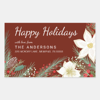 Christmas Red Poinsettia Foliage Return Address Rectangular Sticker