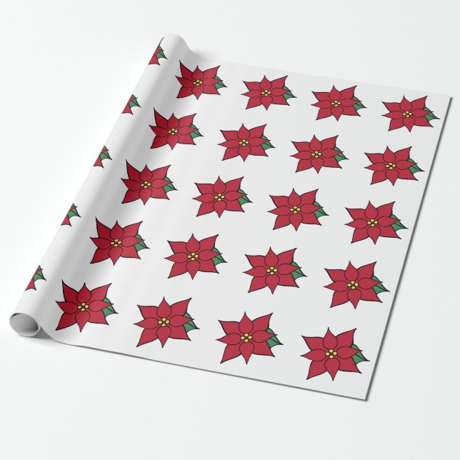 Christmas Red Poinsettia Gift Wrapping Paper (Unrolled)