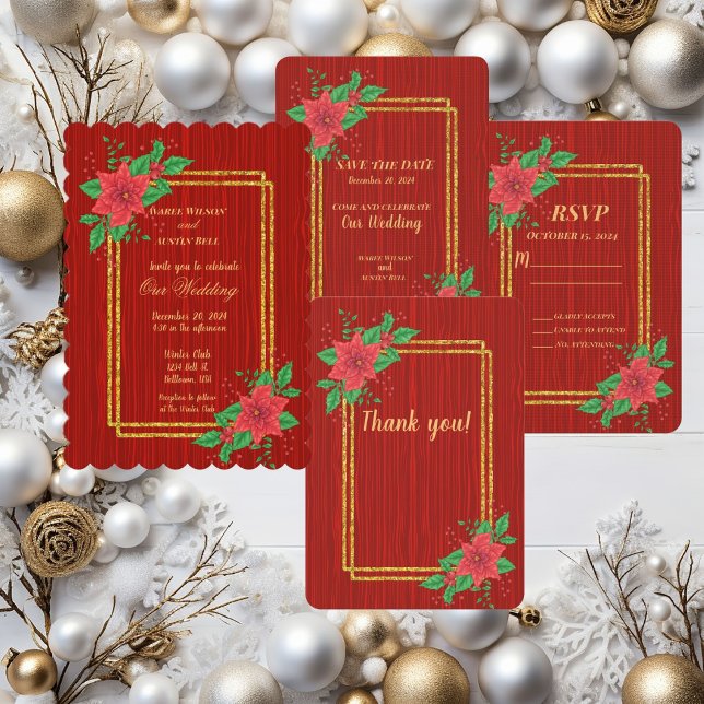 Christmas Red Poinsettia Gold Frame Wedding Invitation (Creator Uploaded)