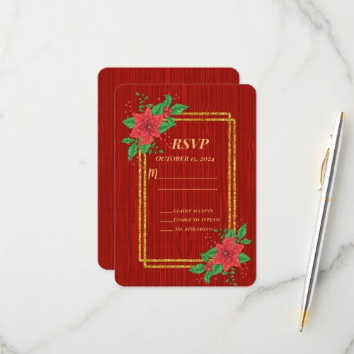 Christmas Red Poinsettia Gold Frame Wedding RSVP Card