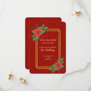 Christmas Red Poinsettia Gold Frame Wedding Save The Date