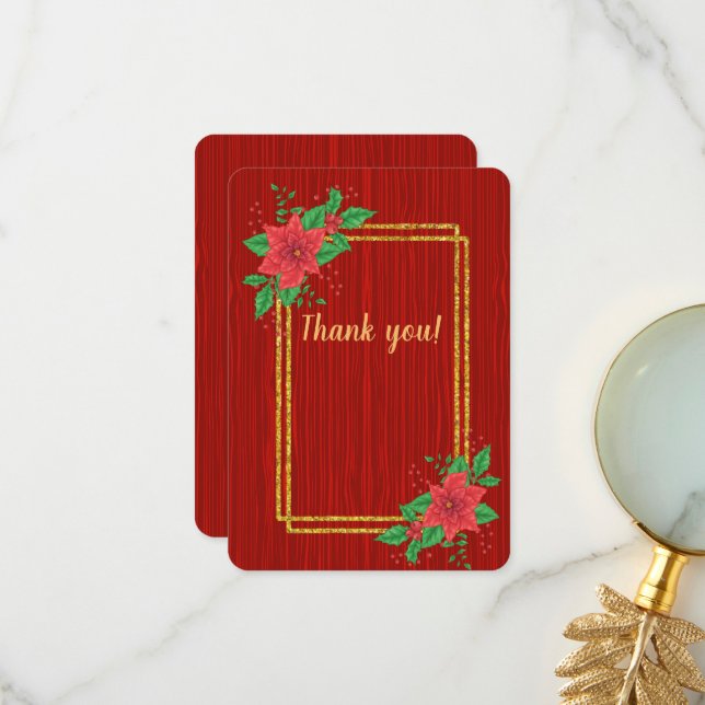 Christmas Red Poinsettia Gold Frame Wedding Thank You Card (Front/Back In Situ)