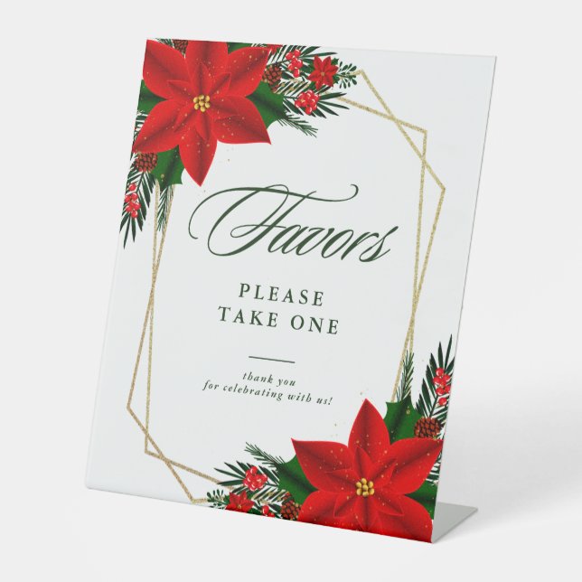Christmas Red Poinsettia Greenery Geometric Favors Pedestal Sign (Front)