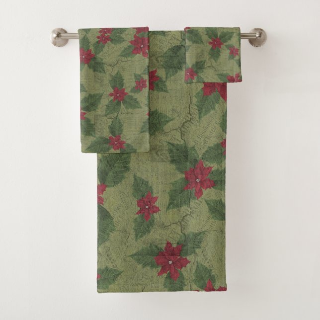 christmas red poinsettia on green branches   bath  bath towel set (Insitu)