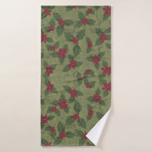 christmas red poinsettia on green branches bath towel
