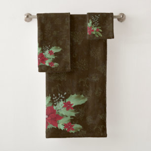 christmas red poinsettia on green branches   bath  towel set