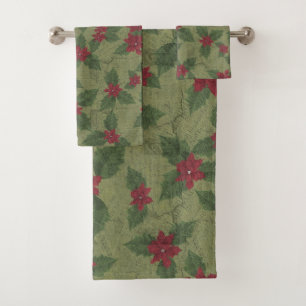 christmas red poinsettia on green branches   bath  towel set