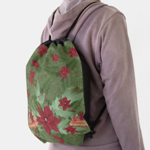  Christmas red poinsettia on green branches Drawstring Bag