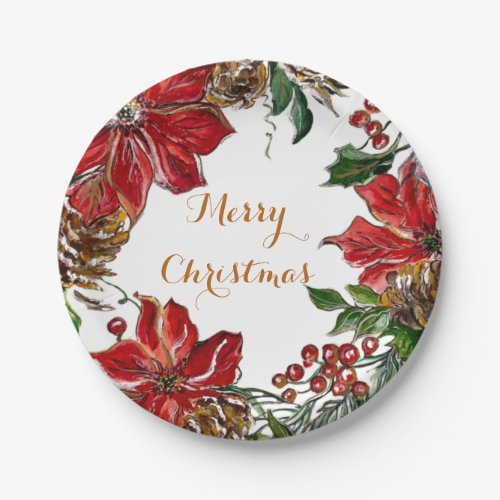 Christmas Red Poinsettia Paper Plate 