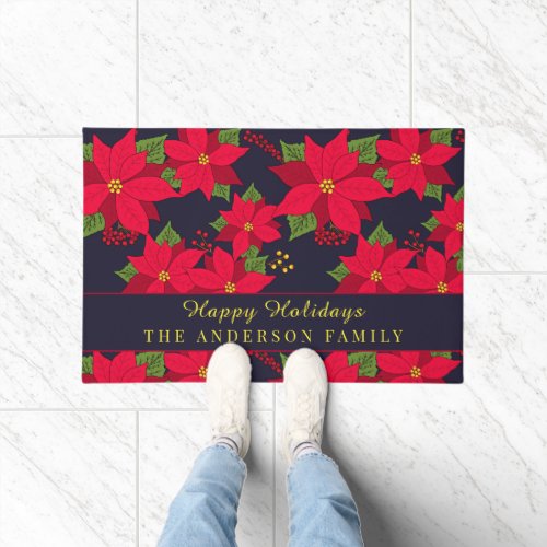 Christmas Red Poinsettia Patterned Family Name Doormat