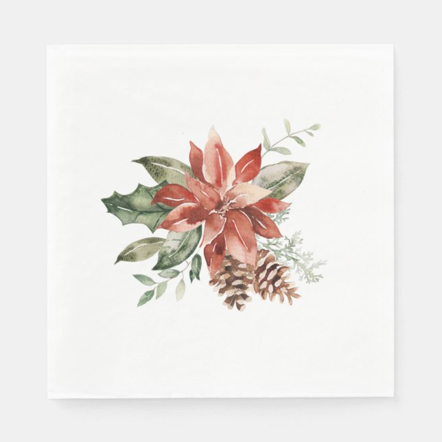 Christmas Red Poinsettia Pine Cones Greenery Napkins (Front)