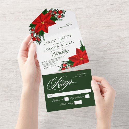 Christmas Red Poinsettia Pine Greenery Wedding All In One Invitation