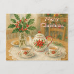 Christmas Red Poinsettia Teapot  Postcard
