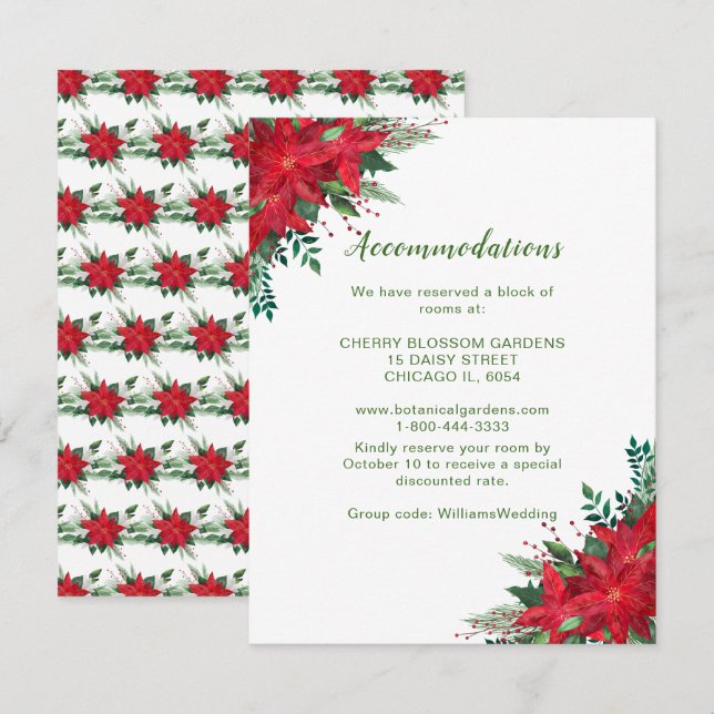 Christmas Red Poinsettia Wedding Accommodations Enclosure Card (Front/Back)