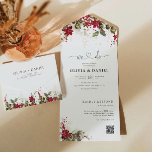 Christmas Red Poinsettia Wedding All In One Invitation