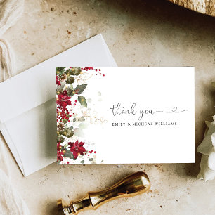 Christmas Red Poinsettia Wedding Flat Thank You Card