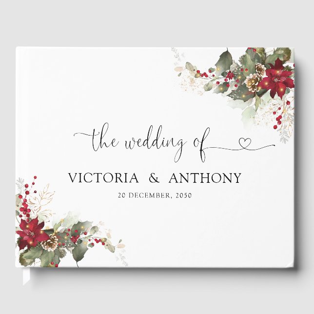 Christmas Red Poinsettia Wedding Guest Book (Front)