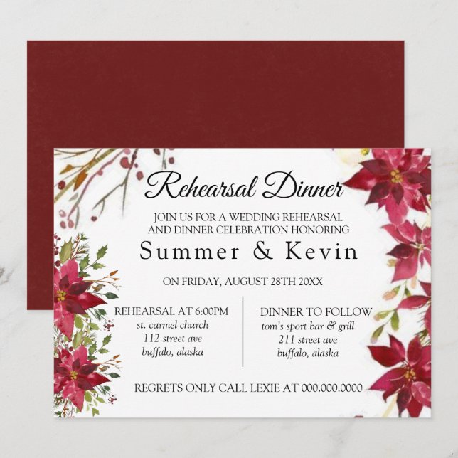 Christmas Red Poinsettia Wedding Rehearsal Dinner Invitation (Front/Back)