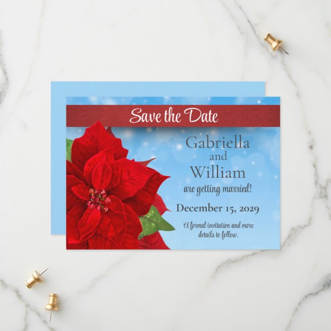 Christmas Red Poinsettia Wedding Save The Date (Front/Back In Situ)