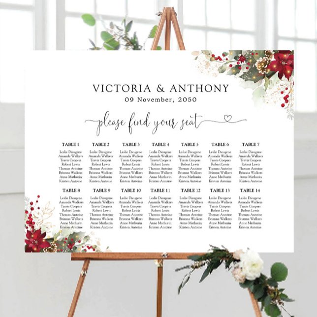 Christmas Red Poinsettia Wedding Seating Chart Foam Board (Creator Uploaded)