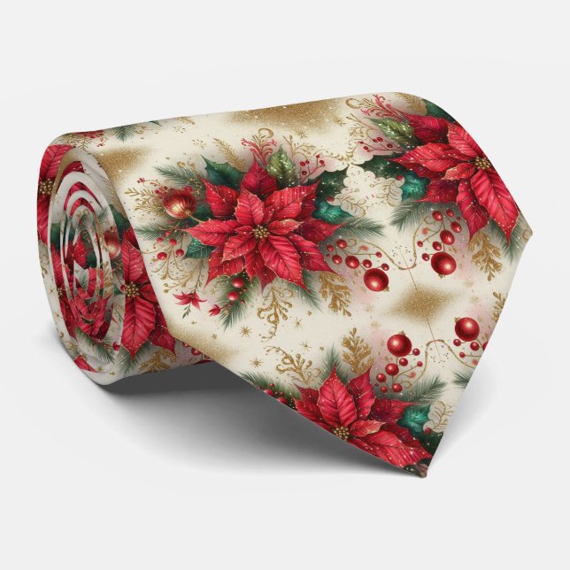Christmas Red Poinsettia with Gold  Mens Neck Tie (Rolled)