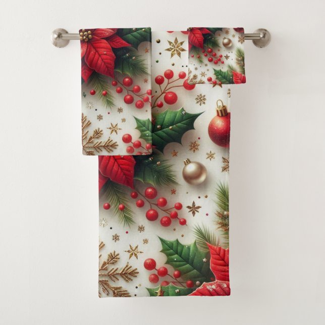 Christmas Red Poinsettia with Gold Snowflakes  Bath Towel Set (Insitu)