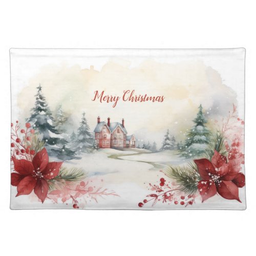 Christmas Red Poinsettias and Green Pine Trees Cloth Placemat