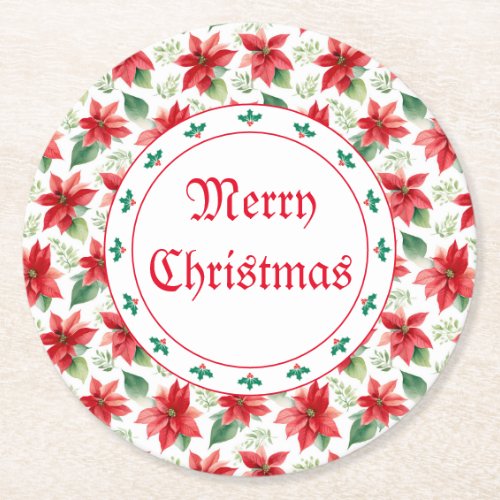 Christmas Red Poinsettias Decorative Round Paper Coaster