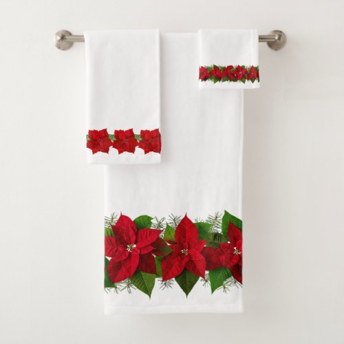 Christmas Red Poinsettias on Beautiful White  Bath Towel Set