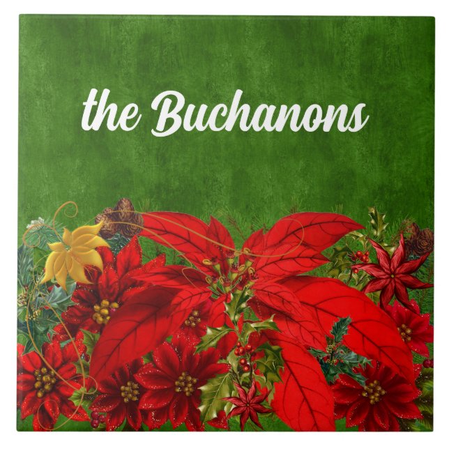 Christmas Red Poinsettias with Green Ceramic Tile (Front)