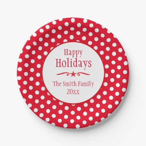 Christmas red polka dot name holiday paper plate