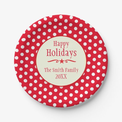 Christmas red polka dot name holiday paper plates