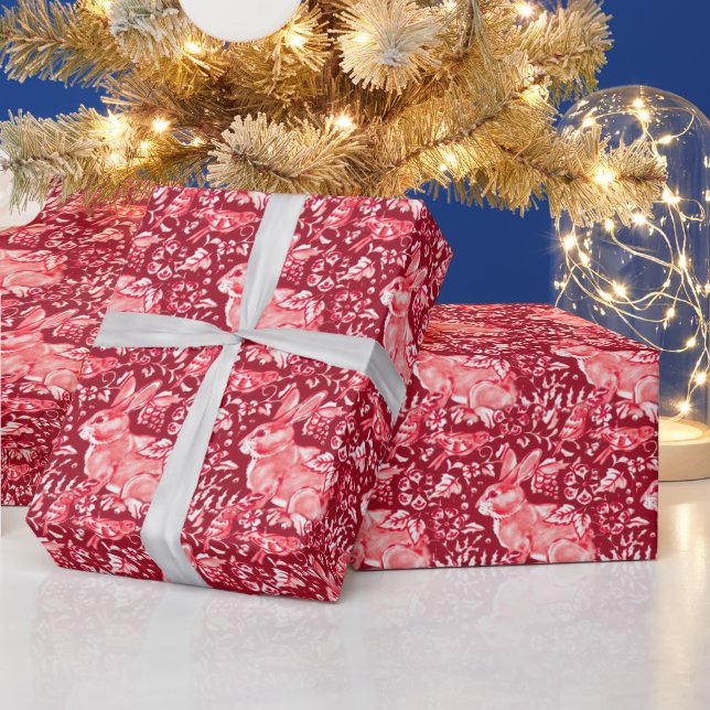 Christmas Red Rabbit Bird Woodland Floral Pattern Wrapping Paper (Holidays)