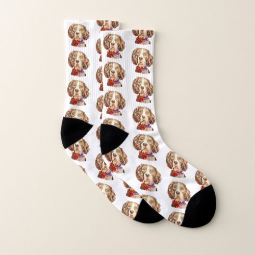 Christmas Red Realistic Springer Spaniel Art Socks