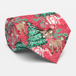 Christmas Red Reindeer and Christmas Tree Neck Tie