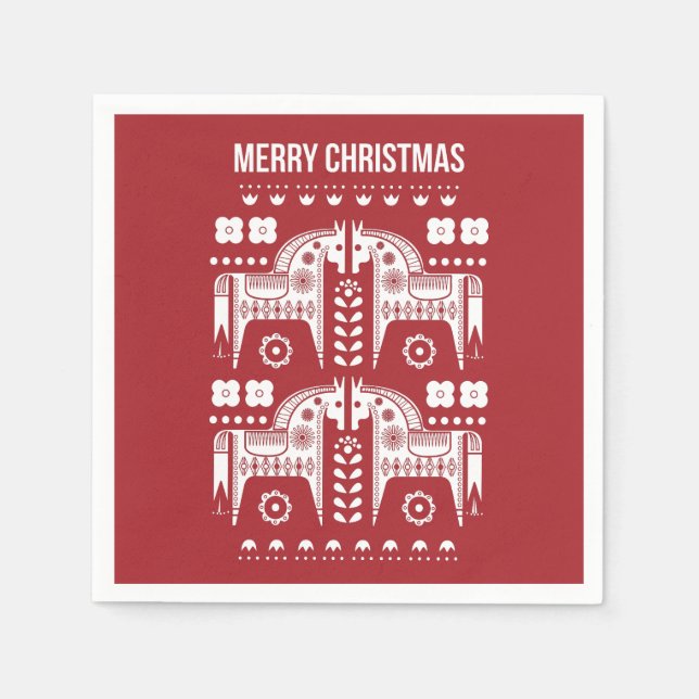 Christmas Red Reindeer Scandinavian Nordic Forest Napkins (Front)