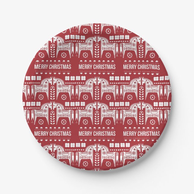 Christmas Red Reindeer Scandinavian Nordic Forest Paper Plates (Front)