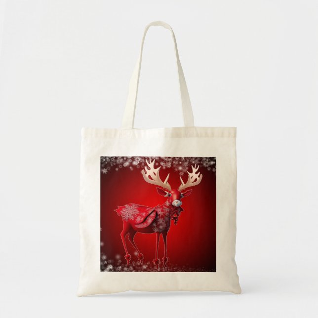 Christmas Red Reindeer Snowflakes Winter Holidays Tote Bag (Front)