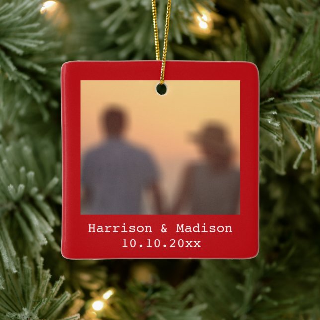 Christmas red retro instant couple photo names ceramic ornament (Tree)