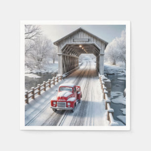 Christmas Red Retro Truck and Covered Bridge Napkins