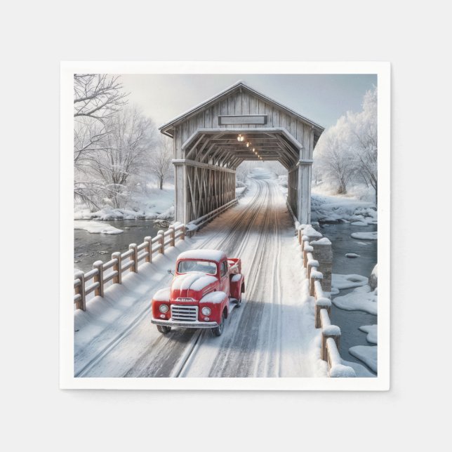 Christmas Red Retro Truck and Covered Bridge Napkins (Front)