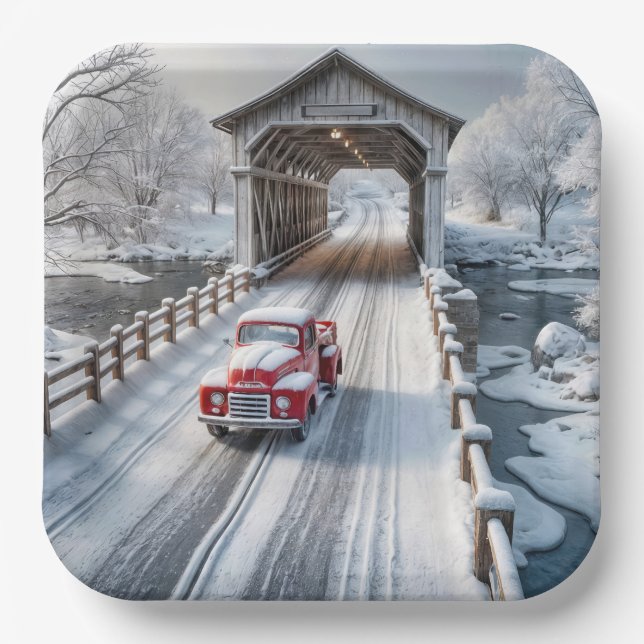 Christmas Red Retro Truck and Covered Bridge Paper Plates (Front)