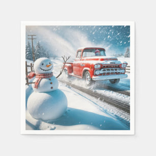 Christmas Red Retro Truck With Snowman Napkins