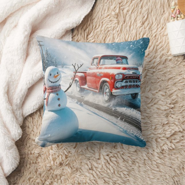 Christmas Red Retro Truck With Snowman Throw Pillow (Blanket)