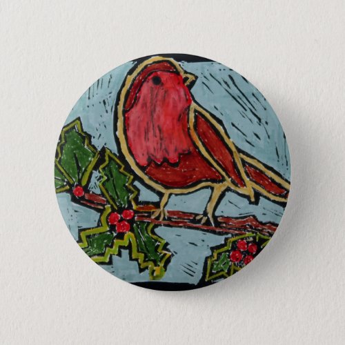 Christmas Red Robin Green Holly Berries Button